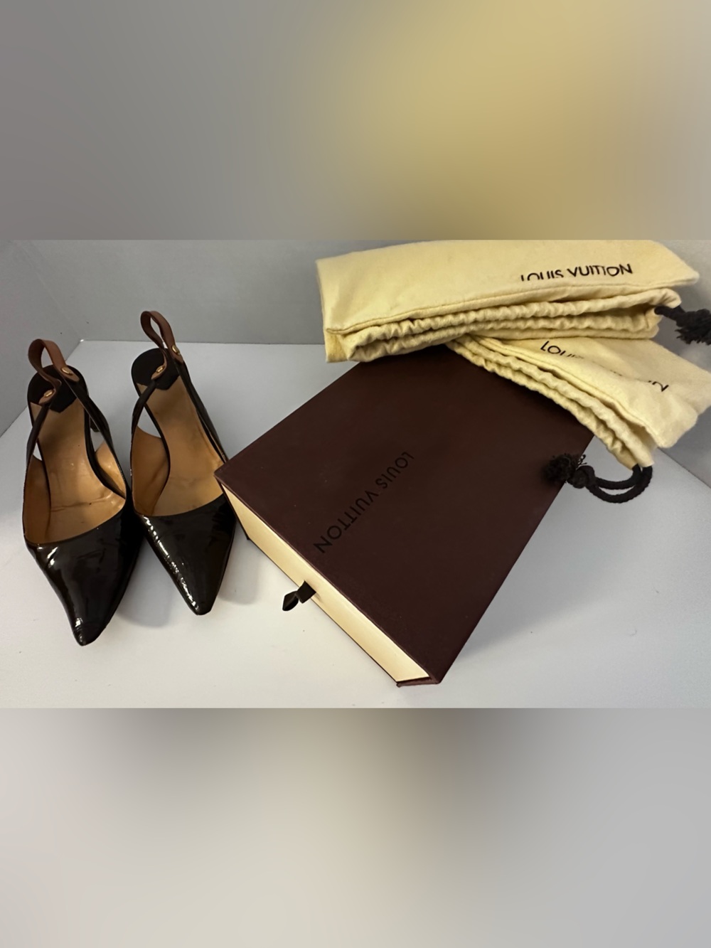 Authentic Vintage Louis Vuitton Brown  Slingback Pumps with Gold-Tone Accent